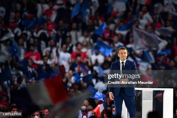 Emmanuel Macron adresses voters during a political meeting at Le Defense Arena on April 02, 2022 in Paris, France. On Sunday April 10 and 24 47.9...