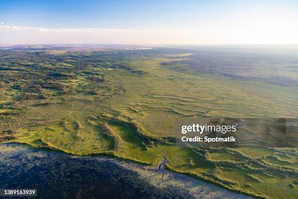 aerial landscape view of remote lake mcclelland canada - fort mcmurray stock pictures, royalty-free photos & images