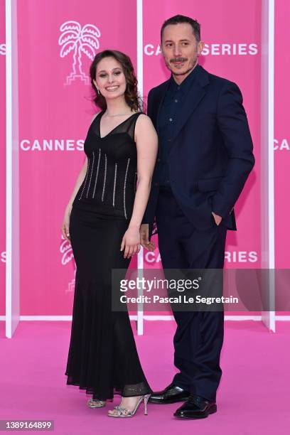 Arianna Becheroni and Michele Alhaique attend the pink carpet during the 5th Canneseries Festival - Day Two on April 02, 2022 in Cannes, France.