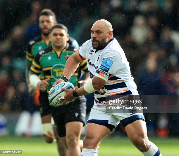 John Afoa of Bristol Bears passes the ball during the Gallagher Premiership Rugby match between Northampton Saints and Bristol Bears at Franklin's...