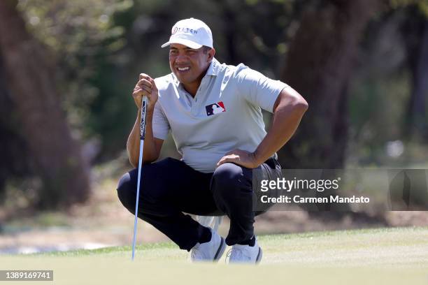 Jhonattan Vegas of Venezuela lines up a putt on the eighth green during the third round of the Valero Texas Open at TPC San Antonio on April 02, 2022...