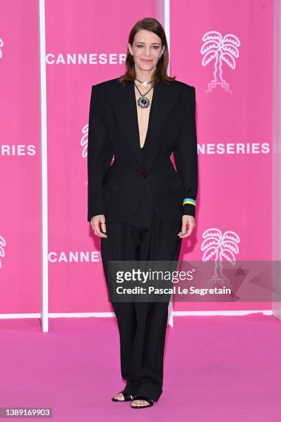 Céline Sallette attends the pink carpet during the 5th Canneseries Festival - Day Two on April 02, 2022 in Cannes, France.