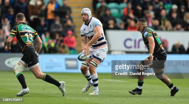 Dave Attwood of Bristol Bears off loads the ball during the Gallagher Premiership Rugby match between Northampton Saints and Bristol Bears at...