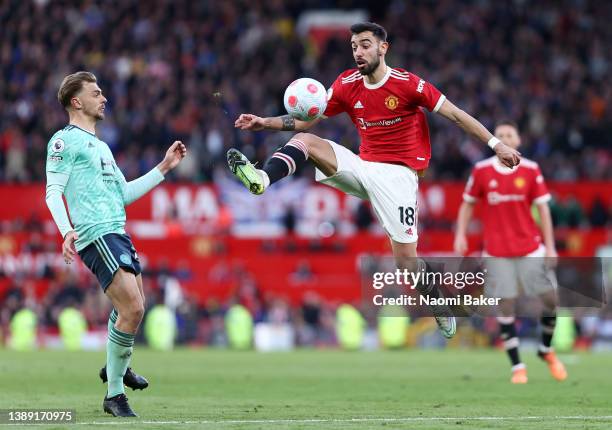 Bruno Fernandes of Manchester United controls the ball during the Premier League match between Manchester United and Leicester City at Old Trafford...