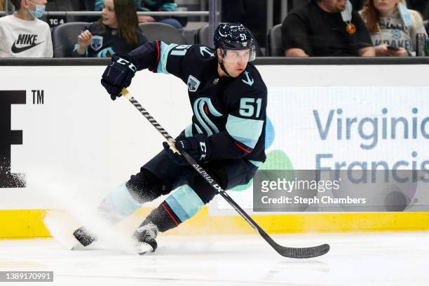 Derrick Pouliot of the Seattle Kraken skates against the Vegas Golden Knightsduring the third period at Climate Pledge Arena on April 01, 2022 in...