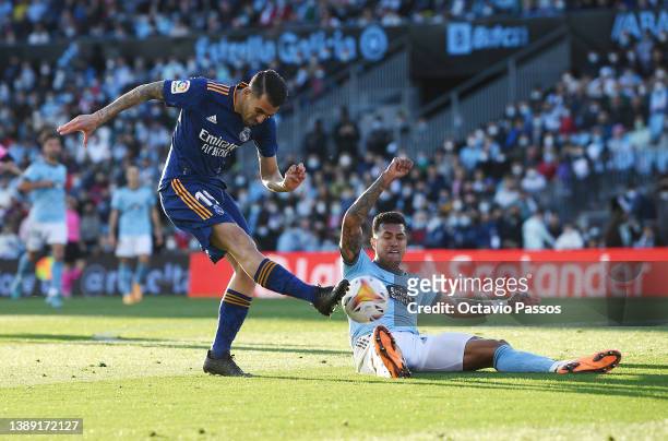 Dani Ceballos of Real Madrid shoots at goal but fails to score during the LaLiga Santander match between RC Celta de Vigo and Real Madrid CF at...