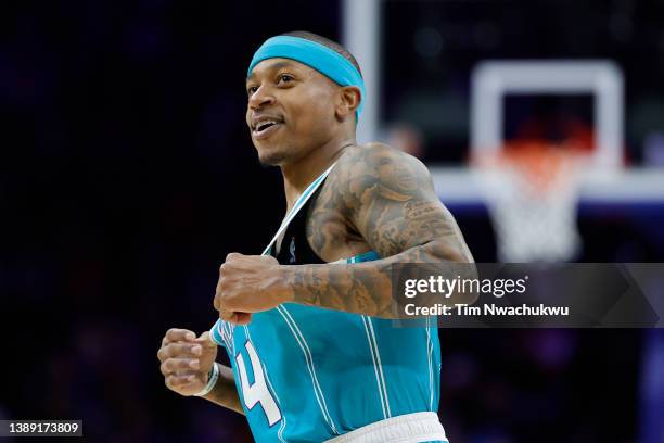 Isaiah Thomas of the Charlotte Hornets looks on during the second quarter against the Philadelphia 76ers at Wells Fargo Center on April 02, 2022 in...