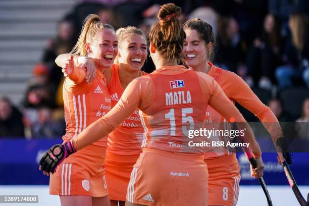 Fiona Morgenstern of The Netherlands, Kyra Fortuin of The Netherlands, Marloes Keetels of The Netherlands during the Women's FIH Pro League Hockey...