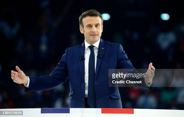 French President and liberal party ‘La Republique en Marche’ candidate for his re-election in the 2022 presidential election, Emmanuel Macron...