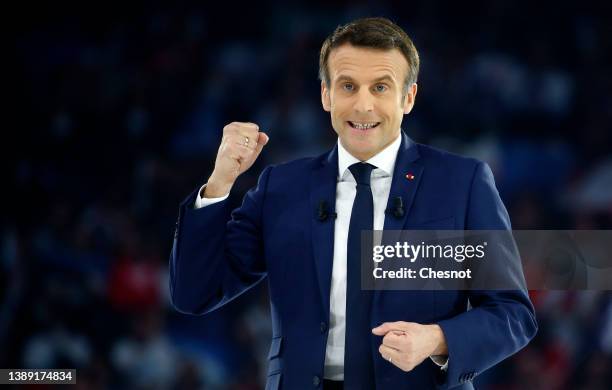 French President and liberal party ‘La Republique en Marche’ candidate for his re-election in the 2022 presidential election, Emmanuel Macron...