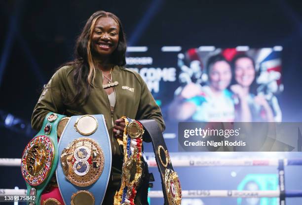 Claressa Shields in the ring with her belts. She will fight the winner of Savannah Marshall and Femke Hermans to unify the titles. At Utilita Arena...