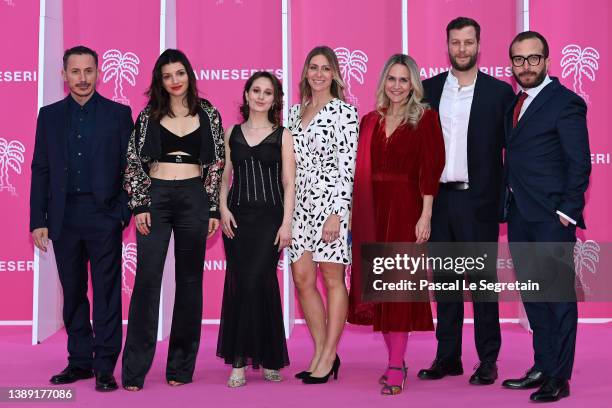 Michele Alhaique, Carlotta Antonelli, Arianna Becheroni, guest, Lucia Mascino and guests attend the pink carpet during the 5th Canneseries Festival -...