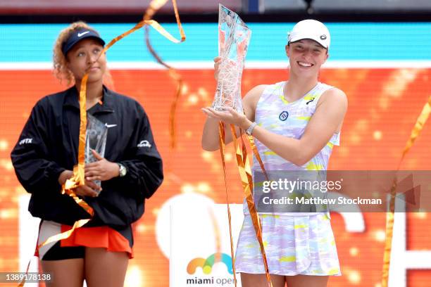 Iga Swiatek of Poland celebrates her win over Naomi Osaka of Japan during the women's final of the Miami Open at Hard Rock Stadium on April 02, 2022...