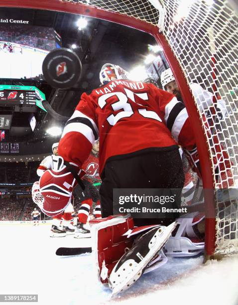 Radko Gudas of the Florida Panthers scores at 11:17 of the second period against Andrew Hammond of the New Jersey Devils at the Prudential Center on...