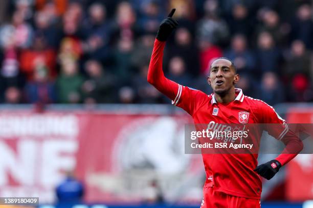 Joshua Brenet of FC Twente gestures during the Dutch Eredivisie match between FC Twente and PSV at De Grolsch Veste on April 2, 2022 in Enschede,...