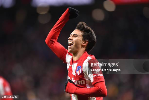 Joao Felix of Atletico de Madrid celebrates after scoring their team's first goal during the LaLiga Santander match between Club Atletico de Madrid...
