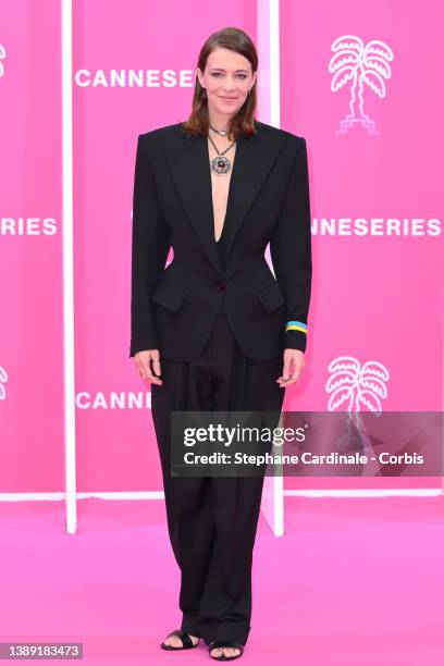 Céline Sallette attends the pink carpet during the 5th Canneseries Festival - Day Two on April 02, 2022 in Cannes, France.