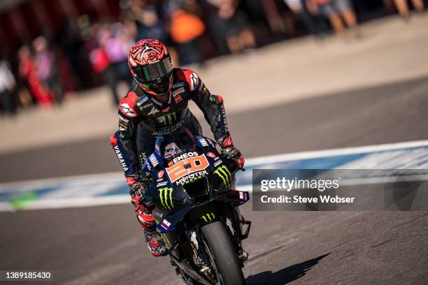 Fabio Quartararo of France and Monster Energy Yamaha MotoGP starts his session during the MotoGP of Argentina at the Autódromo Termas de Río Hondo on...