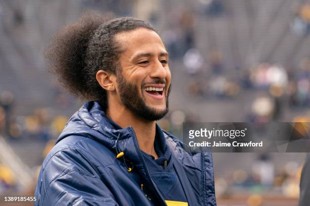 Colin Kaepernick interacts with fans before the Michigan spring football game at Michigan Stadium on April 2, 2022 in Ann Arbor, Michigan. Kaepernick...