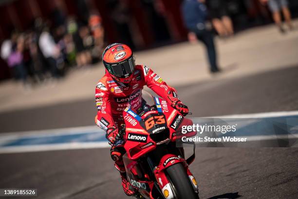 Francesco Bagnaia of Italy and Ducati Lenovo Team starts his session during the MotoGP of Argentina at the Autódromo Termas de Río Hondo on April 02,...