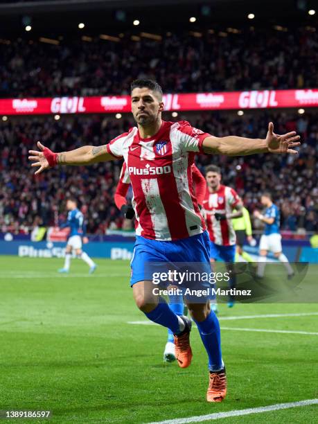 Luis Suarez of Atletico de Madrid celebrates after scoring their team's second goal during the LaLiga Santander match between Club Atletico de Madrid...