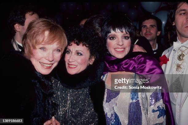 View or, from left, American actors Shirley MacLaine, Chita Rivera, and Liza Minnelli as they attend the opening night party for 'The Rink' at the...