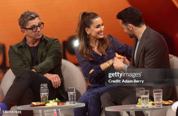 Hans Sigl, Jana Ina, and Giovanni Zarella participate in the live broadcast of the TV show "Verstehen Sie Spaß?" at Studio Berlin Adlershof on April...
