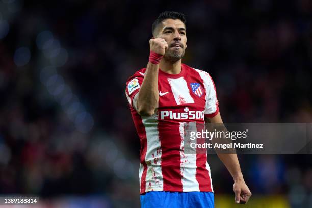 Luis Suarez of Atletico de Madrid celebrates after scoring their team's fourth goal during the LaLiga Santander match between Club Atletico de Madrid...