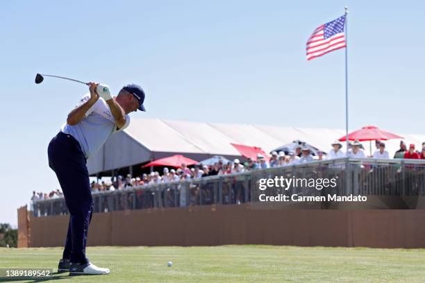 Matt Kuchar plays his shot from the 11th tee during the third round of the Valero Texas Open at TPC San Antonio on April 02, 2022 in San Antonio,...