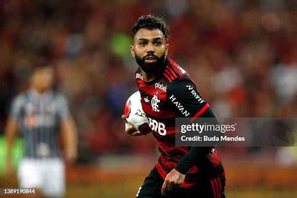 Gabriel Barbosa of Flamengo celebrates after scoring the first goal of his team during the second leg match between Fluminense and Flamengo as part...