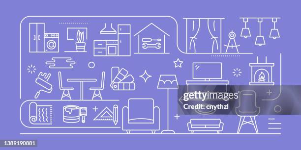 home decoration and interior design related vector banner design concept, modern line style with icons - modern dining table stock illustrations