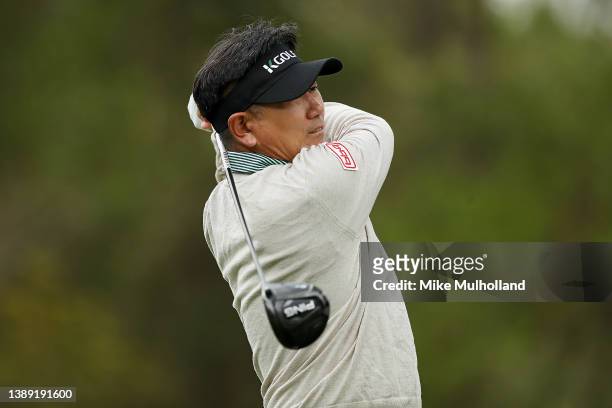 Yang of South Korea hits his tee shot on the first hole during the second round of the Rapiscan Systems Classic at Grand Bear Golf Club on April 02,...