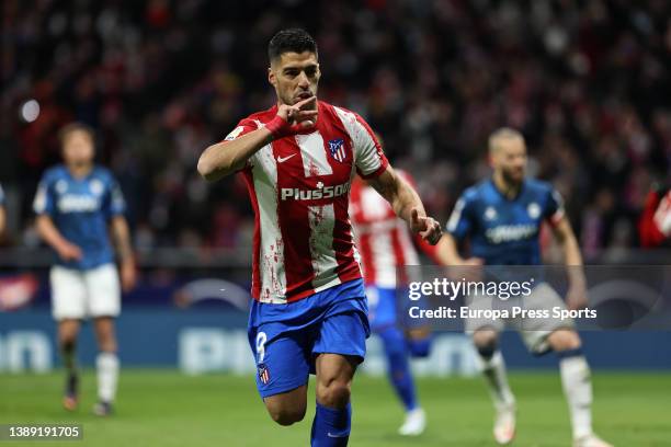 Luis Suarez of Atletico de Madrid celebrates a goal during the spanish league, La Liga Santander, football match played between Atletico de Madrid...