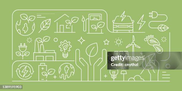 ilustraciones, imágenes clip art, dibujos animados e iconos de stock de concepto de diseño de banner vectorial relacionado con la energía verde, estilo de línea moderno con iconos - sostenibilidad