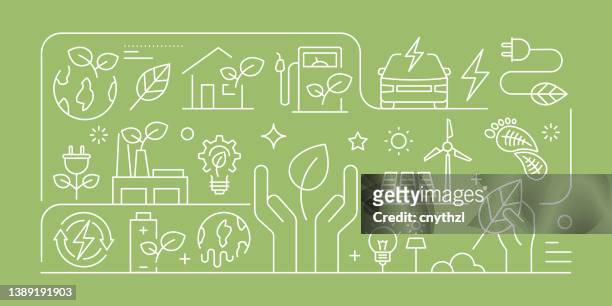 illustrazioni stock, clip art, cartoni animati e icone di tendenza di concetto di design del banner vettoriale relativo all'energia verde, stile di linea moderno con icone - consumismo