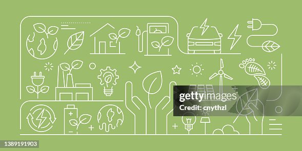 Conceito de design de banner vetorial relacionado à energia verde, estilo de linha moderno com ícones Conceito de design de banner vetorial relacionado à energia verde, estilo de linha moderno com ícones