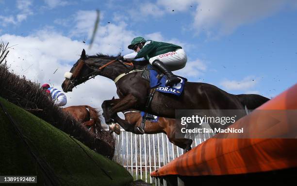 Prime Venture ridden by Adam Wedge is seen during the Coral Scottish Grand National Handicap Steeple Chas on April 02, 2022 in Ayr, Scotland.