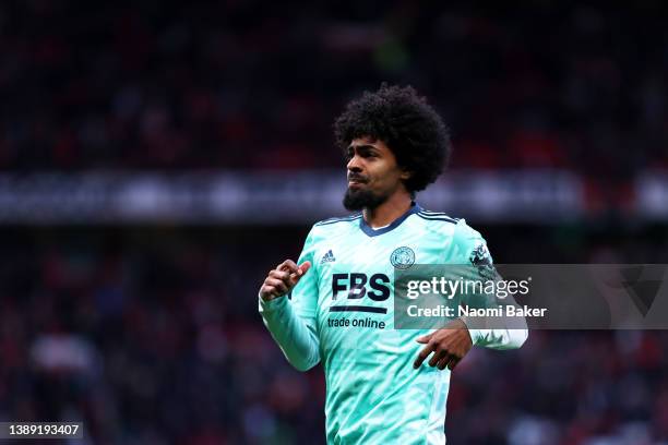 Hamza Choudhury of Leicester City looks on during the Premier League match between Manchester United and Leicester City at Old Trafford on April 02,...