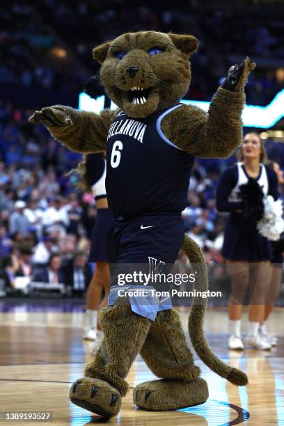 The Villanova Wildcats mascot is seen prior to a game against the Kansas Jayhawks during the 2022 NCAA Men's Basketball Tournament Final Four...