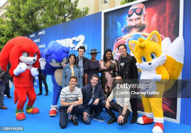 Colleen O'Shaughnessey, Ben Schwartz, Tika Sumpter, Natasha Rothwell, Jim Carrey James Marsen, director Jeff Fowler and Lee Najdoub attend the 'Sonic...