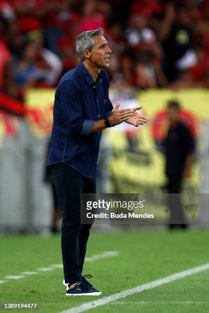 Paulo Sousa head coach of Flamengo reacts during the second leg match between Fluminense and Flamengo as part of Campeonato Carioca 2022 at Maracana...