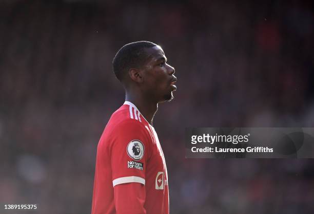 Paul Pogba of Manchester United looks on during the Premier League match between Manchester United and Leicester City at Old Trafford on April 02,...