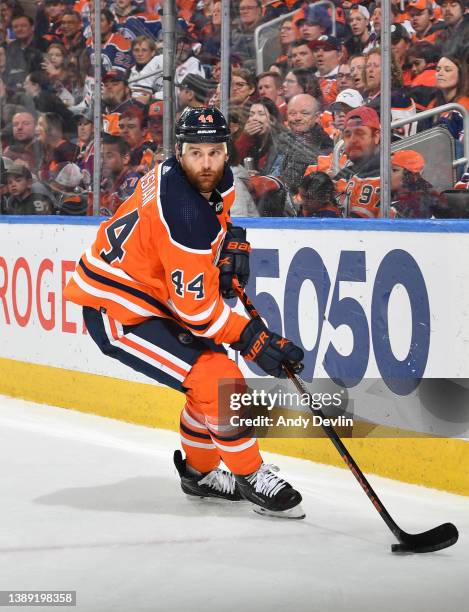 April 1: Zack Kassian of the Edmonton Oilers skates during the game against the St. Louis Blues on April 1, 2022 at Rogers Place in Edmonton,...