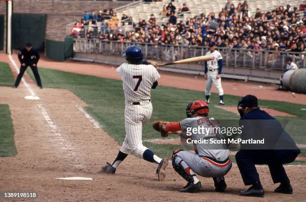 American baseball player Ed Kranepool , of the New York Mets, swings at a pitch during a game against the Houston Astros at Shea Stadium, in the...