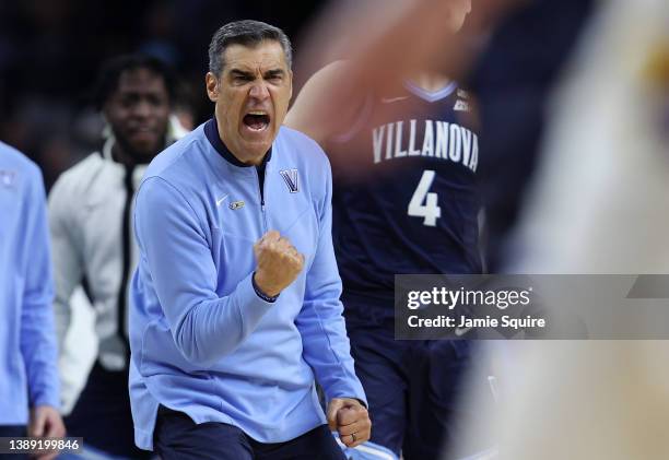 Head coach Jay Wright of the Villanova Wildcats reacts in the first half of the game against the Kansas Jayhawks during the 2022 NCAA Men's...