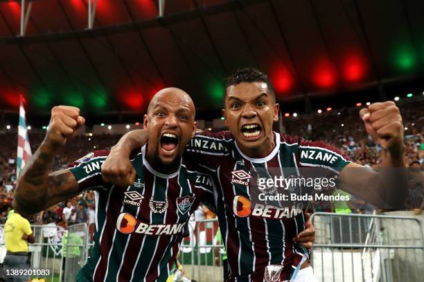Felipe Melo and David Braz of Fluminense celebrate after winning the Campeonato Carioca 2022 against Flamengo as at Maracana Stadium on April 02,...