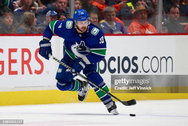 Brad Richardson of the Vancouver Canucks skates up ice during their NHL game against the St. Louis Blues at Rogers Arena March 30, 2022 in Vancouver,...