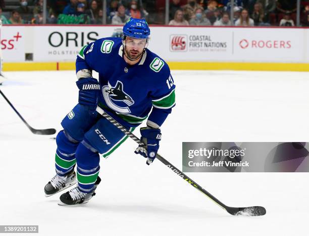 Brad Richardson of the Vancouver Canucks skates up ice during their NHL game against the St. Louis Blues at Rogers Arena March 30, 2022 in Vancouver,...