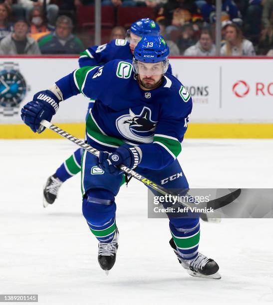 Brad Richardson of the Vancouver Canucks skates up ice during their NHL game against the St. Louis Blues at Rogers Arena March 30, 2022 in Vancouver,...