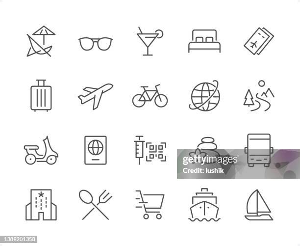 ilustraciones, imágenes clip art, dibujos animados e iconos de stock de conjunto de iconos de viaje. peso de trazo editable. iconos perfectos para píxeles. - parasol